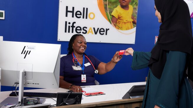 Blood donor registering to donate at BBD donation location.