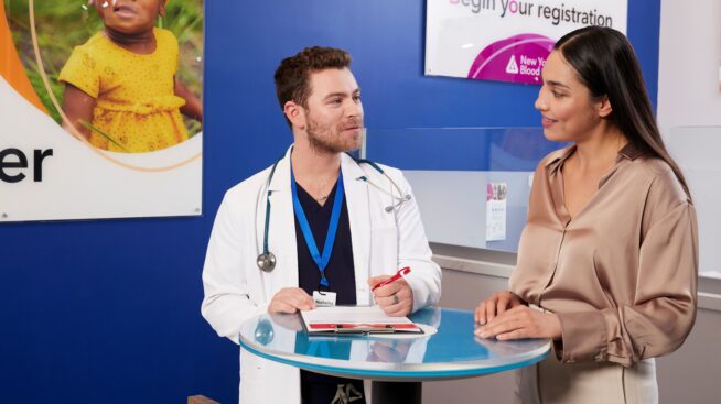 Blood donor reviewing eligibility with a BBD doctor